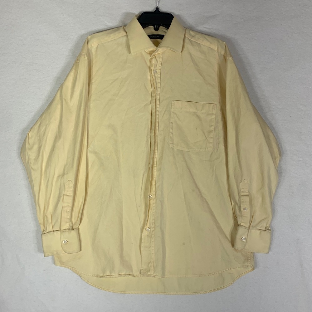 Bernini Mens Dress Shirt 16.5-42‎ Yellow Button Up Long Sleeve Made Italy